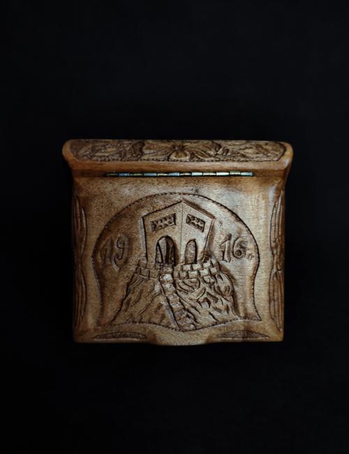 Tobacco box with wood carving (monument on the Mojkovac, with year)