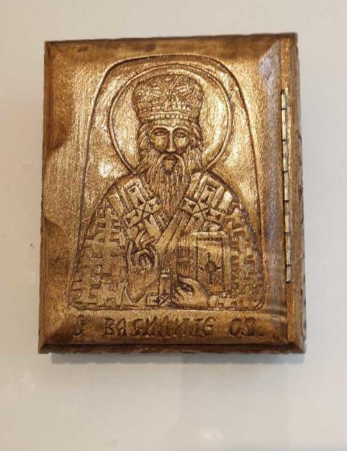 Tobacco box with wood carving (St. Vasilije Ostroški)